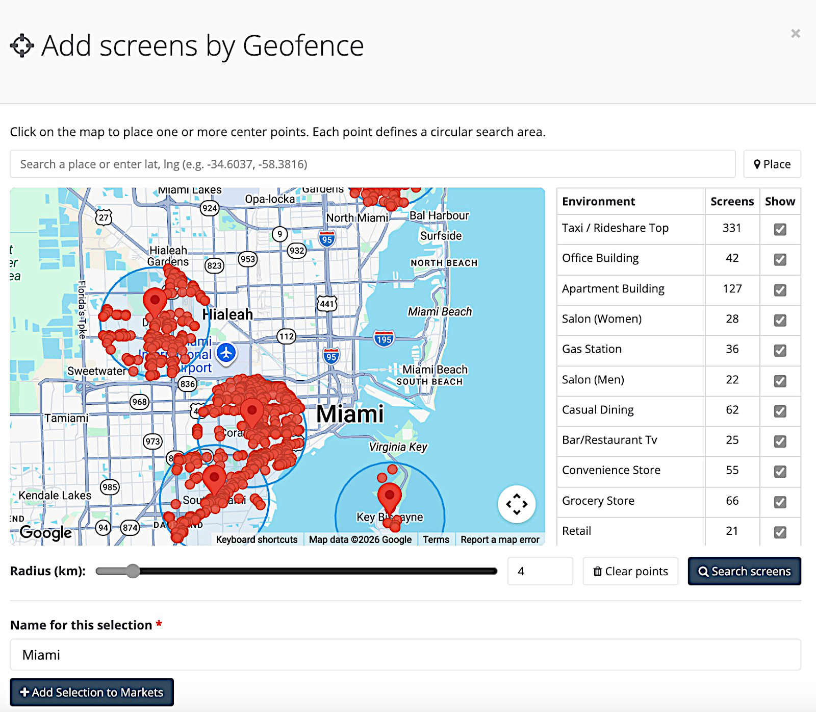 Herramienta de geofencing: pantallas DOOH seleccionadas por radio en el mapa